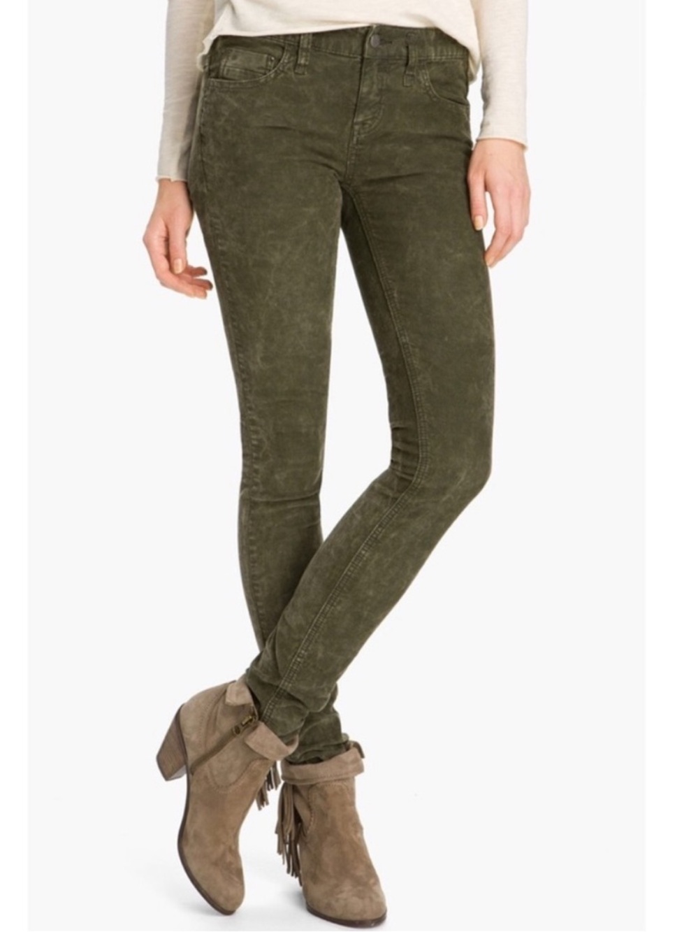 ❤️ Free People Olive Green Vintage Wash Skinny Cords Jeans Size 28